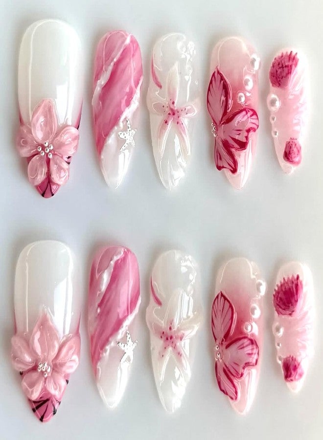 24Pcs Flowers Press on Nails Medium Almond Fake Nails 3D Cute Flower Nail with Pearl Bead Charms Design French Tip False Nails False Nails Spring Floral Glue on Nails Acrylic Nail for Women DIY